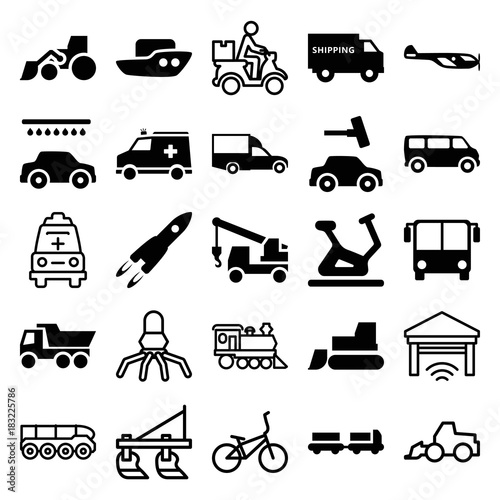 Set of 25 vehicle filled and outline icons