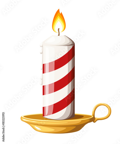 Striped red burning Christmas candle on candlestick vector illustration isolated on white background