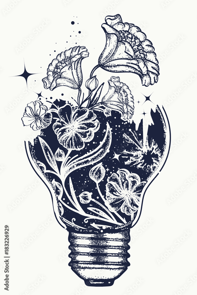 Light bulb tattoo and art nouveau flowers t-shirt design. Symbol of the  idea, creativity, creative, imagination, freedom. Tattoo light bulb Stock  Vector | Adobe Stock
