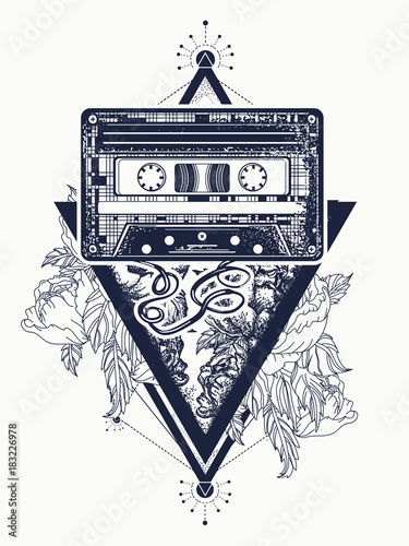 Old audio cassette and roses flowers, symbol of pop music, disco. Audio cassette and graceful flowers in mystical triangle tattoo and t-shirt design. Symbol of retro music, nostalgia, 80th and 90th
