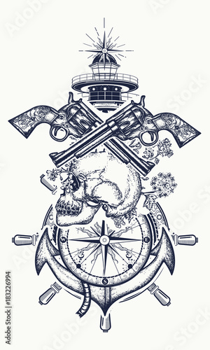 Skull and guns, anchor, steering wheel, compass, lighthouse, tattoo art. Symbol of maritime adventure, pirate, criminal. Pirate skull, revolver, anchor and lighthouse t-shirt design