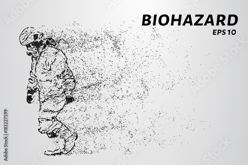 The biohazard of the particles. Man in protective suit. Vector illustration