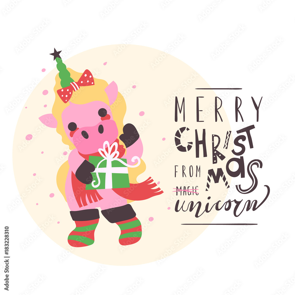 Funny Christmas card. Cute little princess unicorn with green horn with star, boots and scarf with gift box. Merry Christmas typography, lettering