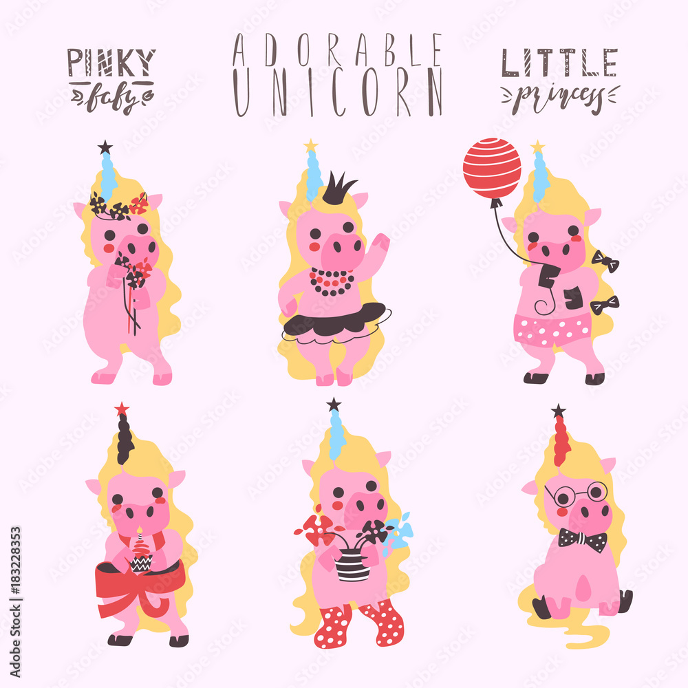 Cute little unicorns set, collection. Pinky, girly unicorn baby with flowers, ballerina, with balloon, cake in boots and hipster unicorn. Pinky baby, little princess lettering (typography) Cute little unicorns set, collection. Pinky, girly unicorn baby with flowers, ballerina, with balloon, cake in boots and hipster unicorn. Pinky baby, little princess lettering (typography)
