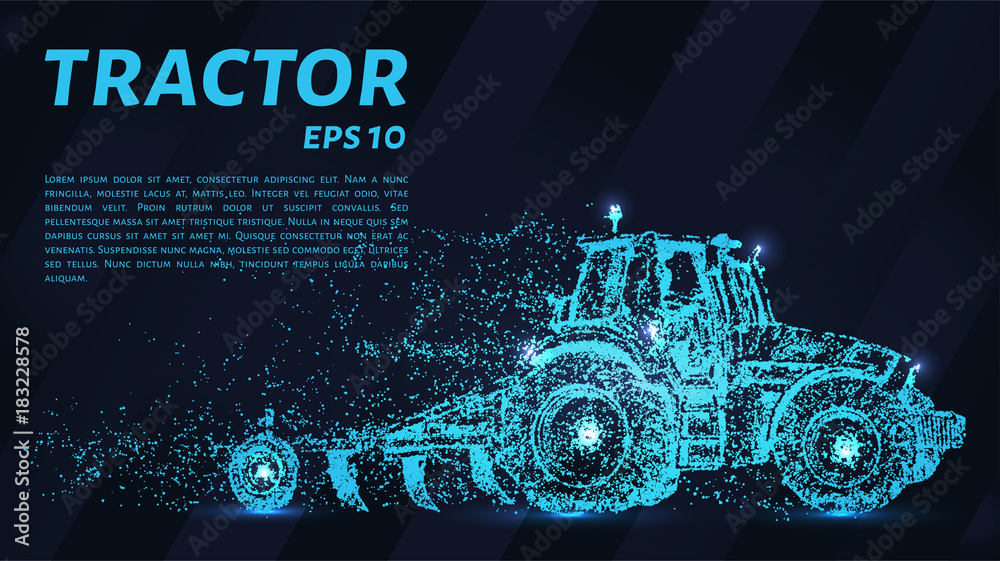 Fototapeta premium The tractor which consists of points. Particles in the form of a tractor on a dark background. Vector illustration. Graphic concept of the agricultural business.
