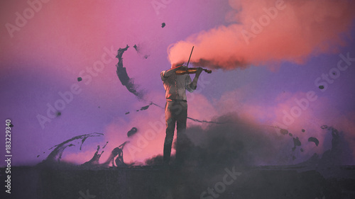 surreal concept of the mystery musician with colored smoke playing a violin, digital art style, illustration painting