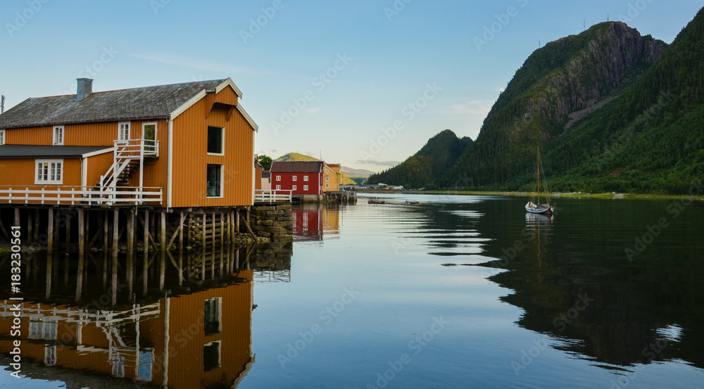 Fototapeta premium Colourful picturesque wooden houses in Sjogata, Mosjoen, Nordland, Northern Norway