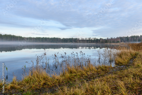 lake with water reflections in colorful autumn day