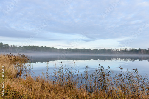 lake with water reflections in colorful autumn day