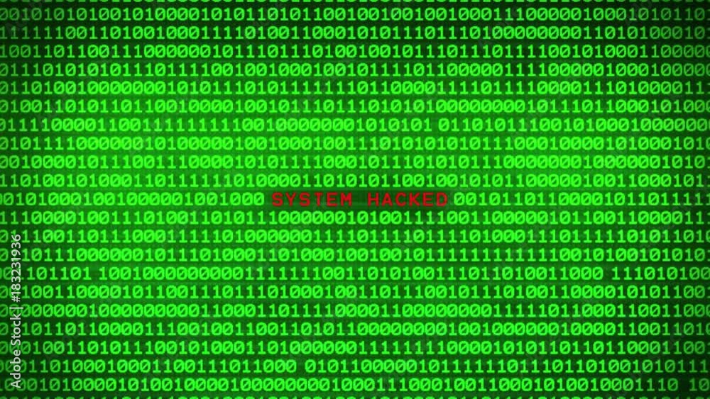 Wall of Green Binary Code Revealing SYSTEM HACKED Word Between Random ...