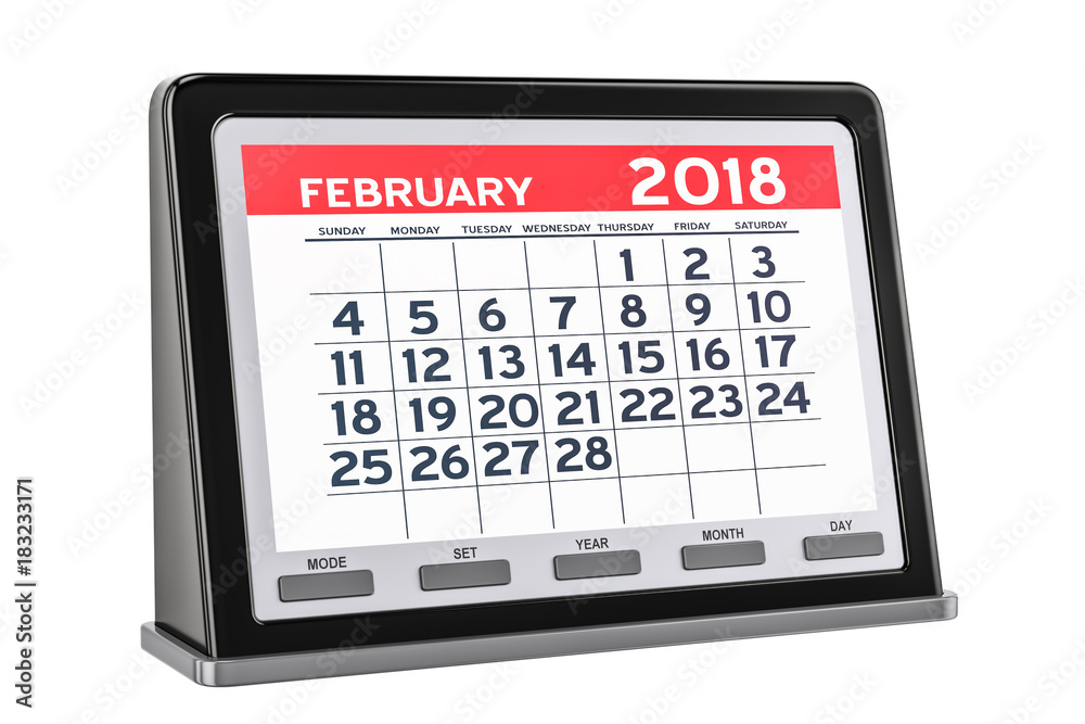 February 2018 digital calendar, 3D rendering February 2018 digital calendar, 3D rendering