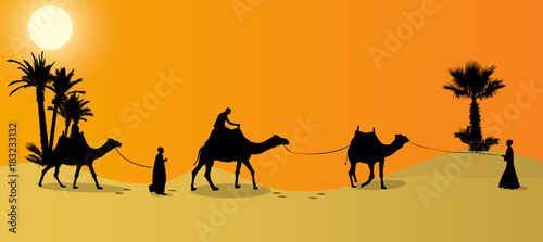 Silhouette of Caravan mit people and camels wandering through the deserts with palms at night and day. Vector Illustration.