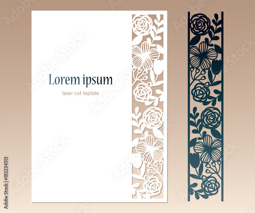 Card with openwork floral border and space for text. Laser cutting template for greeting cards, envelopes, invitations, decorative elements.