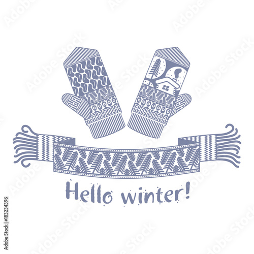 knitted winter scarf and mitten