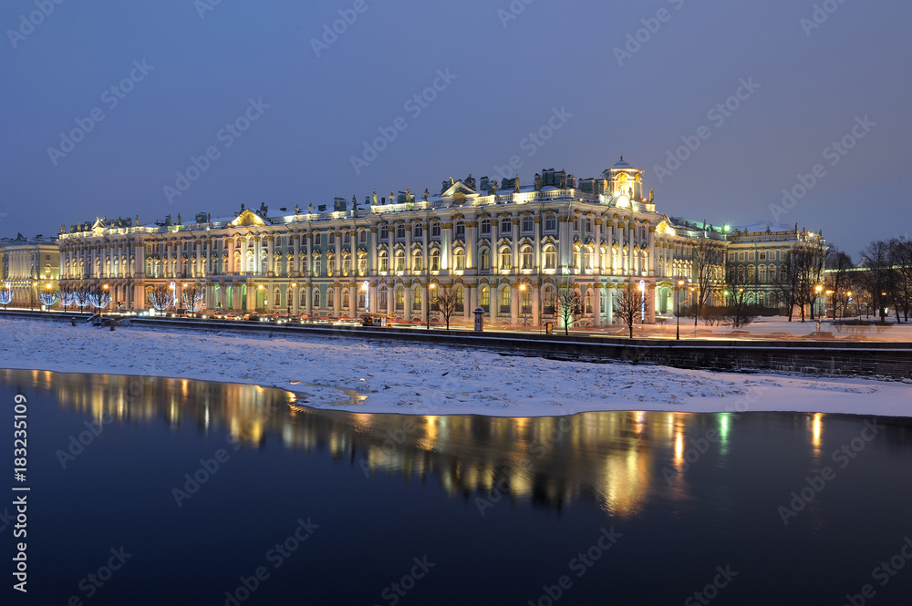 Winter Palace, State Hermitage. River Neva. New Year's St. Petersburg. Russia.