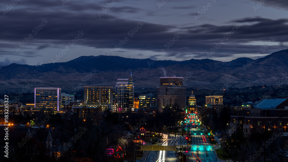 City of Boise Idaho in the early morning before sunrise