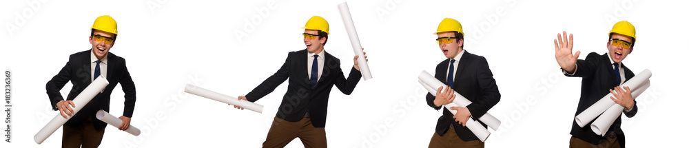Funny architect with drawings on white Funny architect with drawings on white