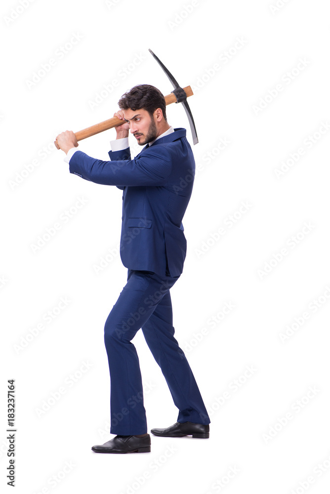 Young businessman with axe isolated on white Young businessman with axe isolated on white