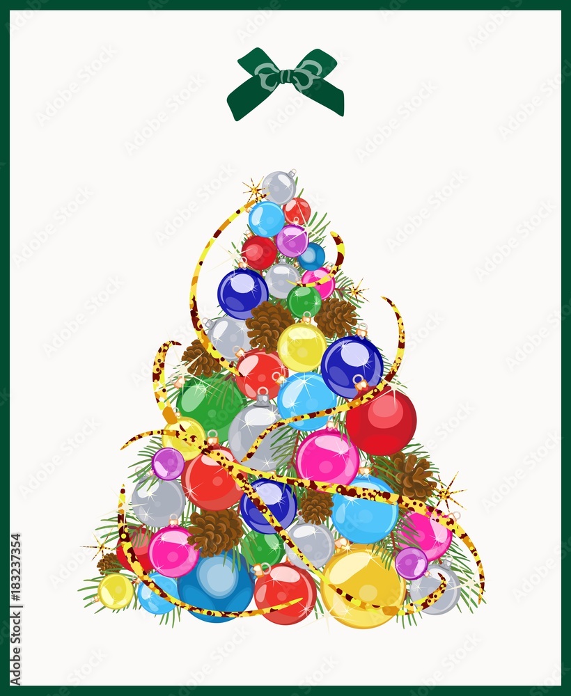 Christmas tree made up of Christmas balls, cones. Vector illustration