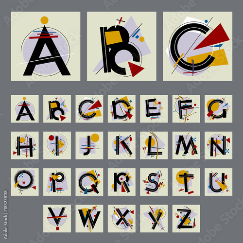 Set of alfabet with capital letters, made up of simple geometric shapes, in Modern Suprematism style. EPS 8 vector  art. photo