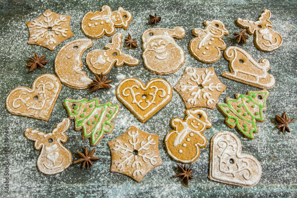 Homemade Christmas cookies on a wooden background 