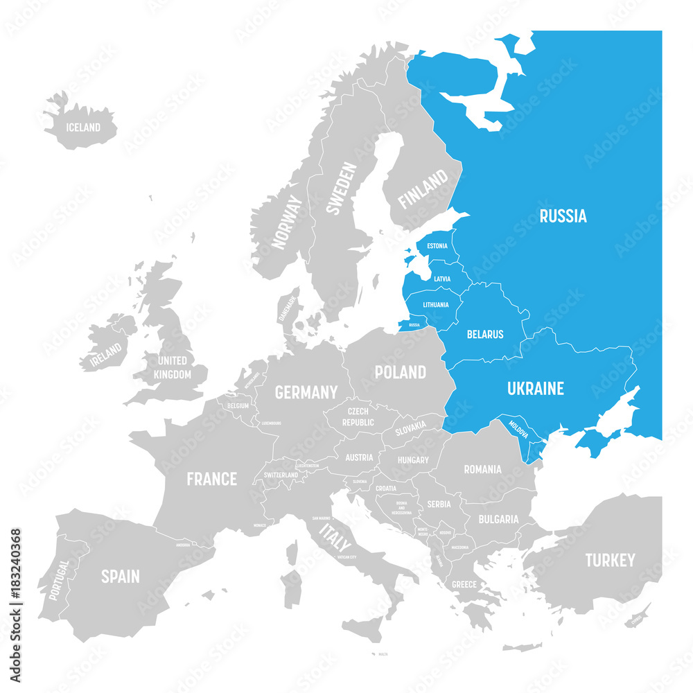 Naklejka premium Former Union of Soviet Socialist Republics, USSR, Russia, Ukraine, Belarus, Estonia, Latvia, Lithuania and Moldova blue highlighted in the political map of Europe. Vector illustration.