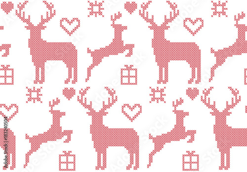 Seamless pattern cross stitch reindeer Christmas, vector