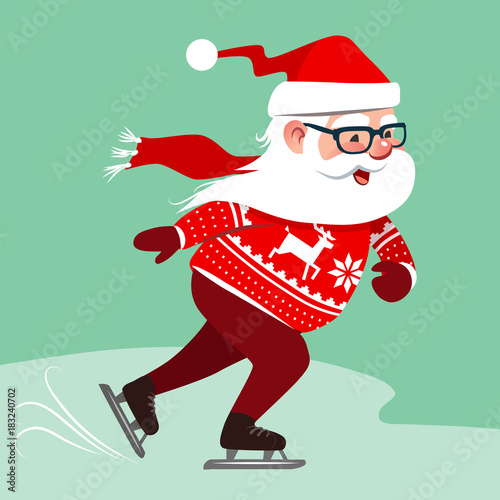 Vector cartoon illustration of Santa Claus wearing red sweater with Nordic reindeer pattern, ice skating.