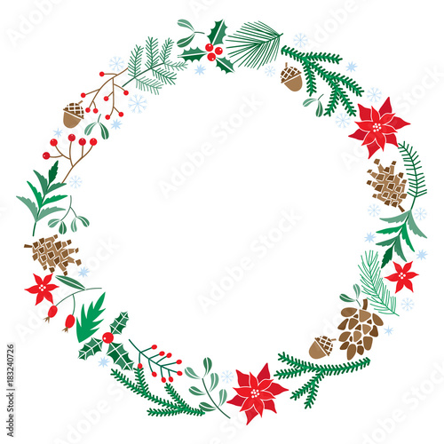 Chriatmas wreath with berries, fir branches. Round frame for winter design. Vector background