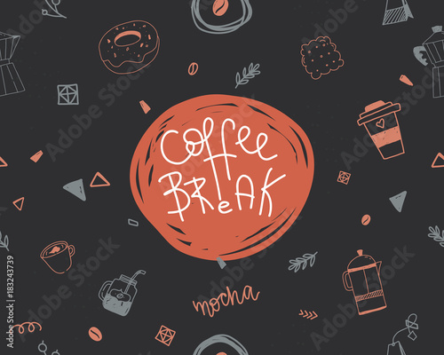 coffee break lettering card on coffee icons dark background with geometry elements