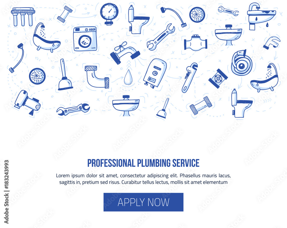 Plumbing header banner with icons in doodle hand drawn style. Pipe equipment for home repair works with signs of bathroom, faucet, plunger, valve, heating boiler. Vector illustration for advertising. Plumbing header banner with icons in doodle hand drawn style. Pipe equipment for home repair works with signs of bathroom, faucet, plunger, valve, heating boiler. Vector illustration for advertising.