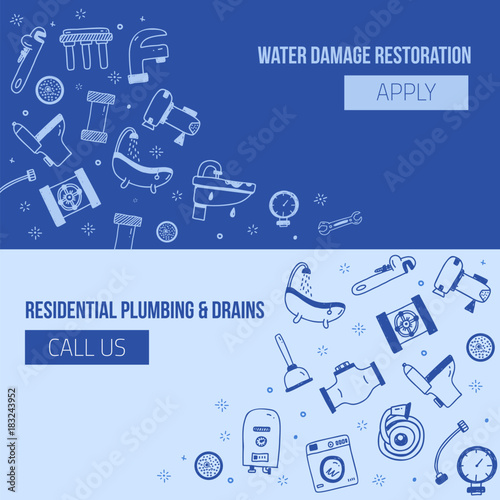 Set of plumbing banners with icons in doodle hand drawn style. Pipe equipment for home repair works with signs of bathroom, faucet, plunger, valve, heating boiler. Vector illustration for advertising.