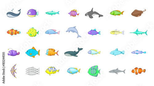 Fish icon set, cartoon style