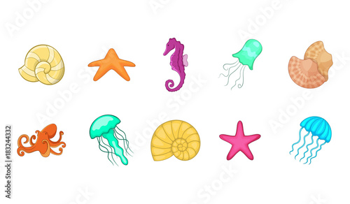 Sea creature icon set, cartoon style