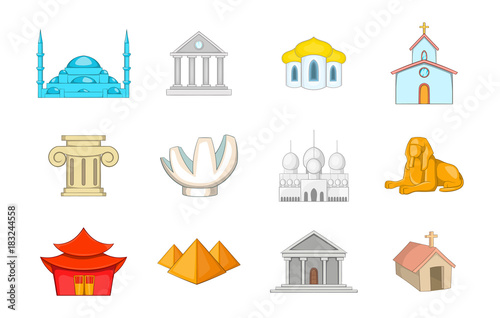 Temple icon set, cartoon style
