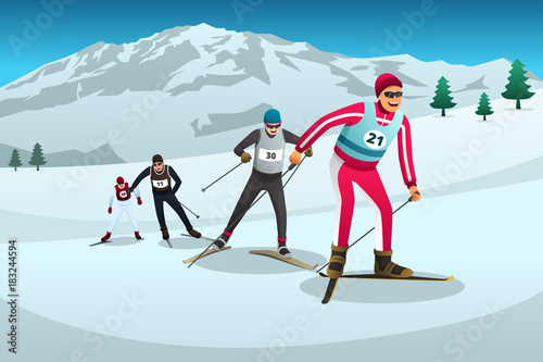 Cross Country Skiing Athletes Competing Illustration