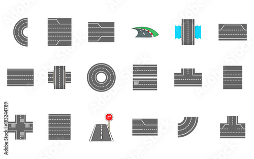 Roads icon set, cartoon style