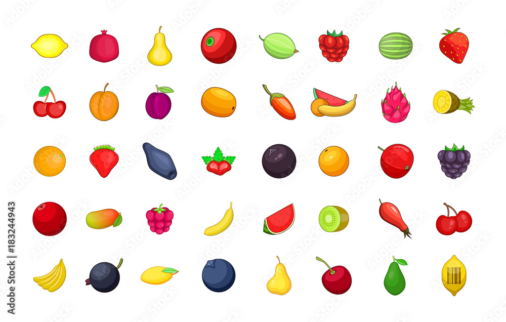 Fruits icon set, cartoon style Fruits icon set, cartoon style
