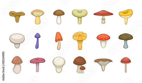 Mushroom icon set, cartoon style