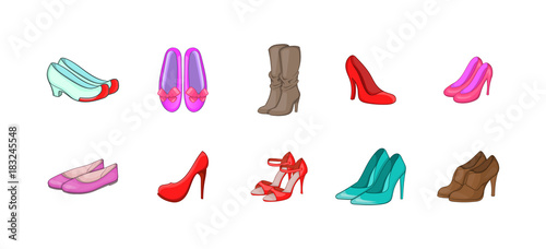 Woman shoes icon set, cartoon style