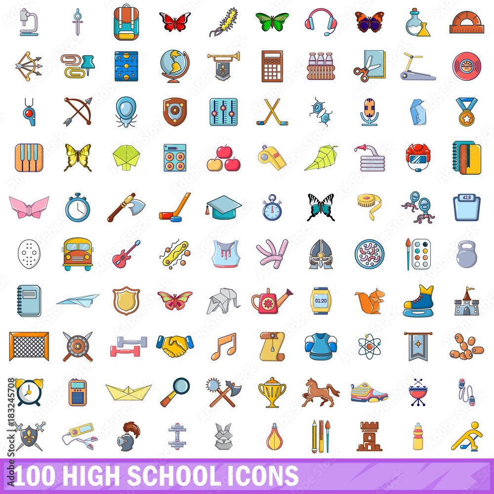 Fototapeta premium 100 high school icons set, cartoon style 