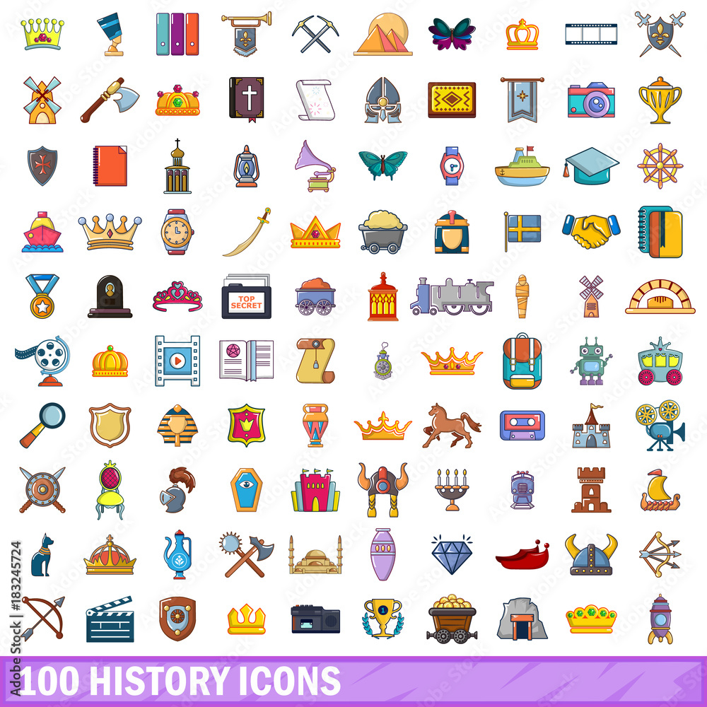 100 history icons set, cartoon style 100 history icons set, cartoon style