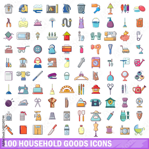 100 household goods icons set, cartoon style 