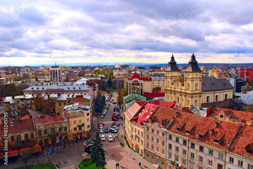 Ivano-Frankivsk from a bird's eye view with dark clouds up