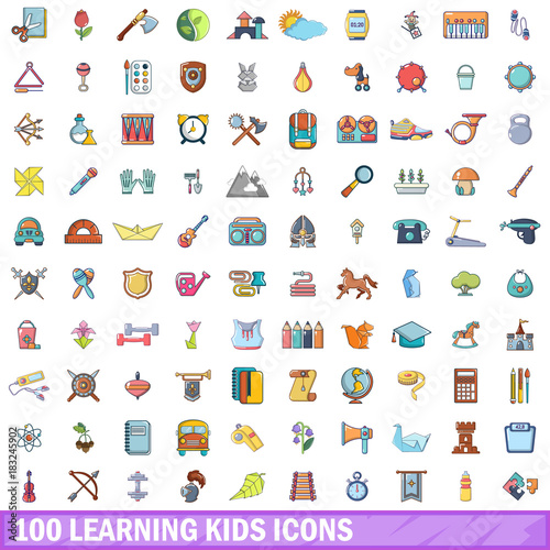 100 learning kids icons set, cartoon style 