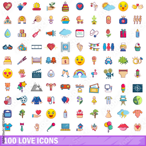 100 love icons set, cartoon style 
