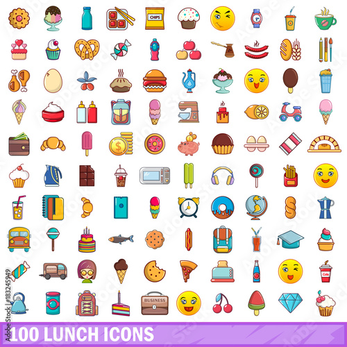 100 lunch icons set, cartoon style 