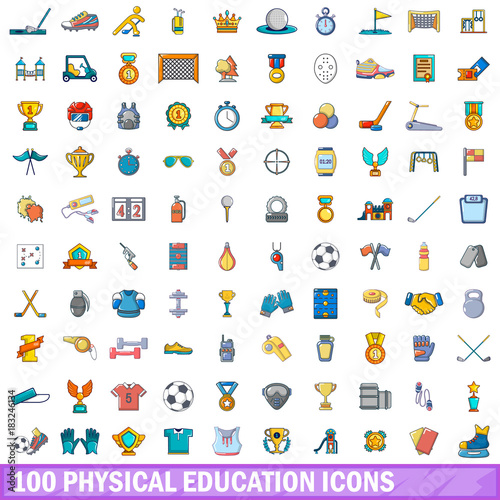 100 physical education icons set, cartoon style 