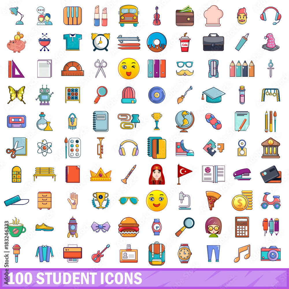 100 student icons set, cartoon style 100 student icons set, cartoon style
