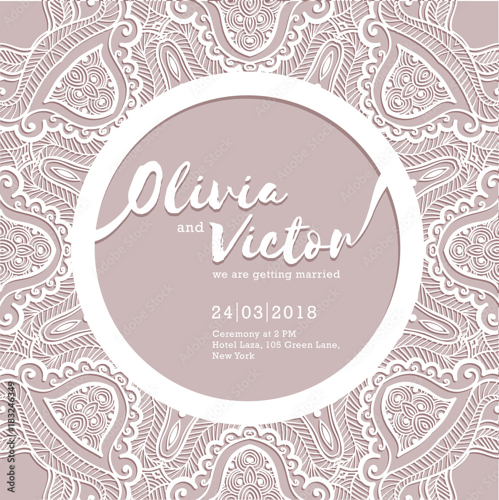 Wedding invitation card. Template of wedding card with lace border. Vector ornament frame. Laser cut pattern